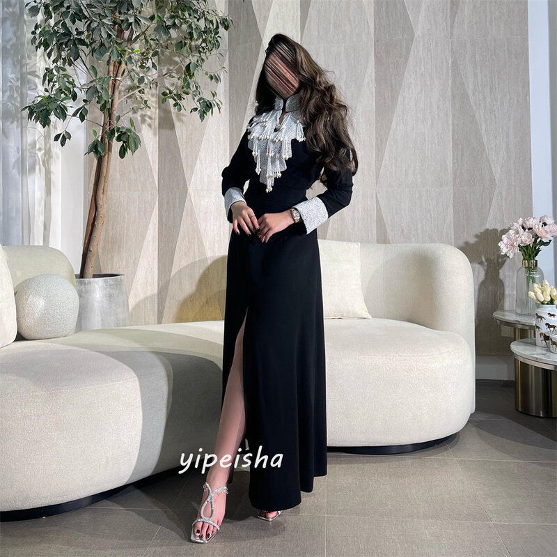 Vestido de noite formal com gola alta, renda linha A, vestido de baile de cetim, estilo moderno simples saudita, vestidos personalizados