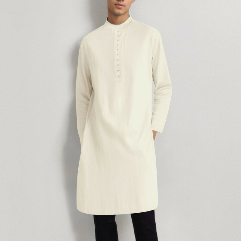 Abito musulmano estivo da uomo arabo mediorientale Dubai Islam Robe tinta unita manica lunga con scollo a V bottone Design lungo abito da preghiera da uomo