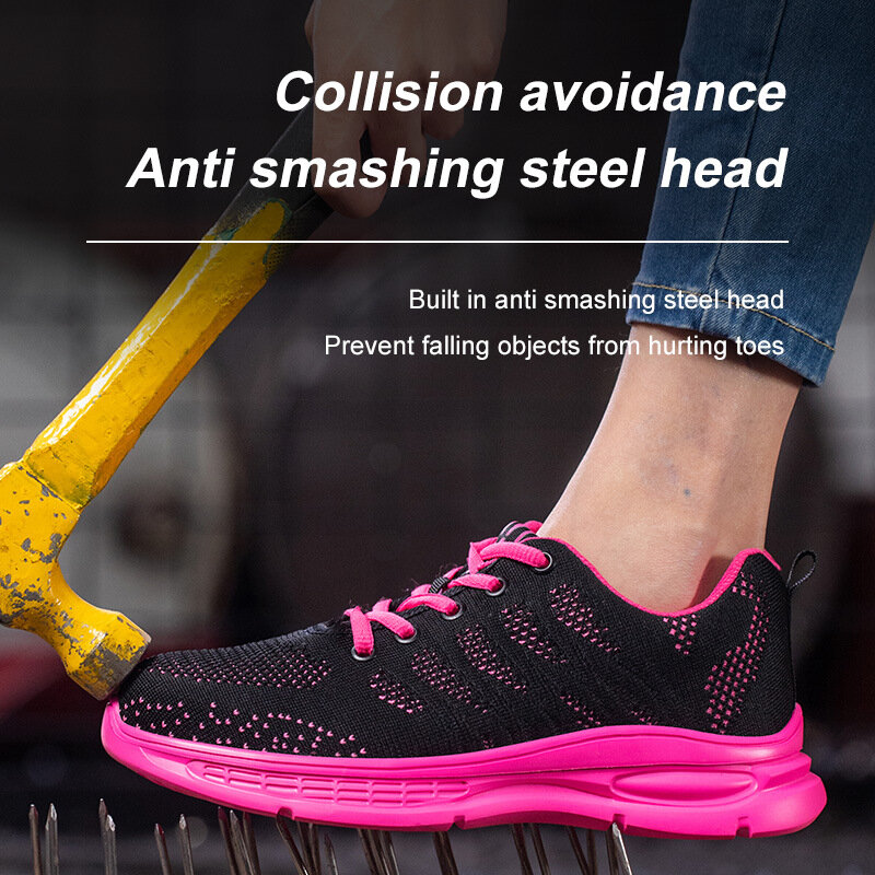 Tênis de trabalho leve respirável para mulher sapatos de segurança anti-smash anti-punctura feminino sapatos de proteção resistente ao desgaste