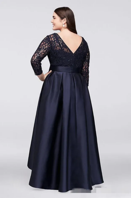 2024 Navy Blue Plus Size Evening Dresses 3/4 Long Sleeves Lace Satin Sash Bow Ribbon A Line Scoop Neck High Low Prom Party Gowns