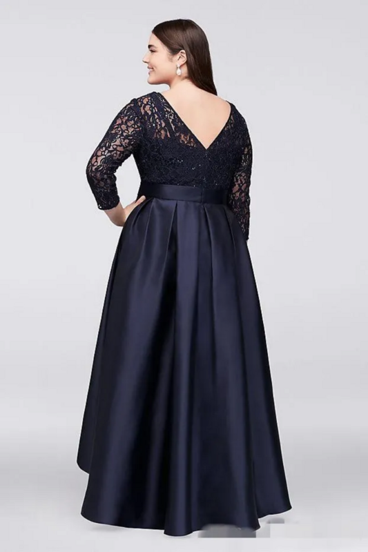 2024 blu Navy Plus Size abiti da sera 3/4 maniche lunghe pizzo raso fascia fiocco nastro una linea Scoop collo alto basso Prom abiti da festa