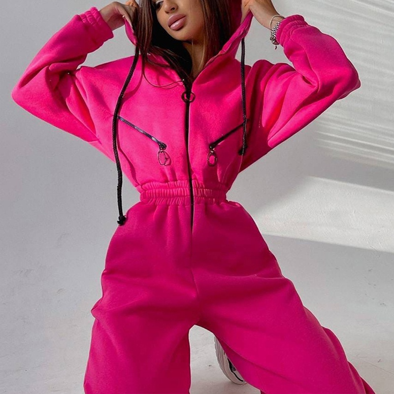 2023 New Casual Women's Solid Color Hoodie Zipper Drawstring Hooded One Piece Jacket Pants Set Sports One Piece Set