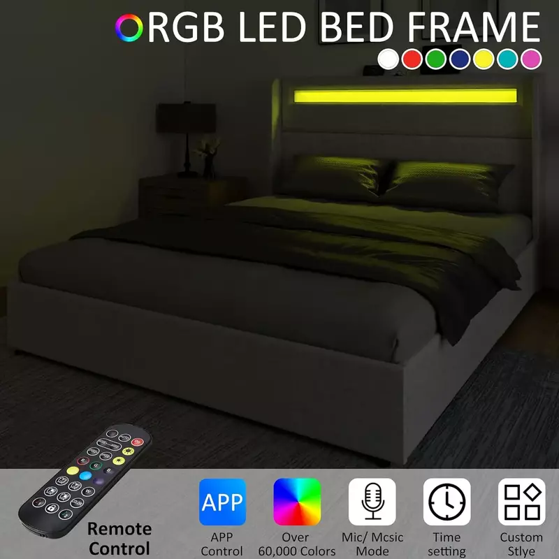 Marco de cama LED completo/Queen/King con cabecero Wingback y 4 cajones de almacenamiento, cama de plataforma tapizada con puertos USB y USB-C