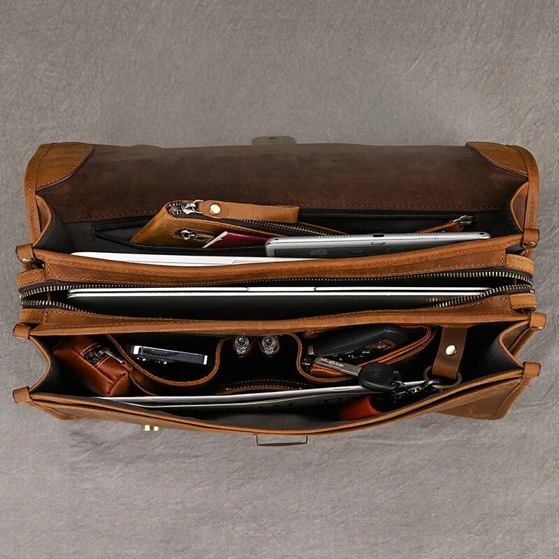 Men Genuine Leather Briefcase With Dial Lock 14 inch Laptop Business Bag Cowhide Laptop Handbag Mens Work Tote Big Shoulder Bag