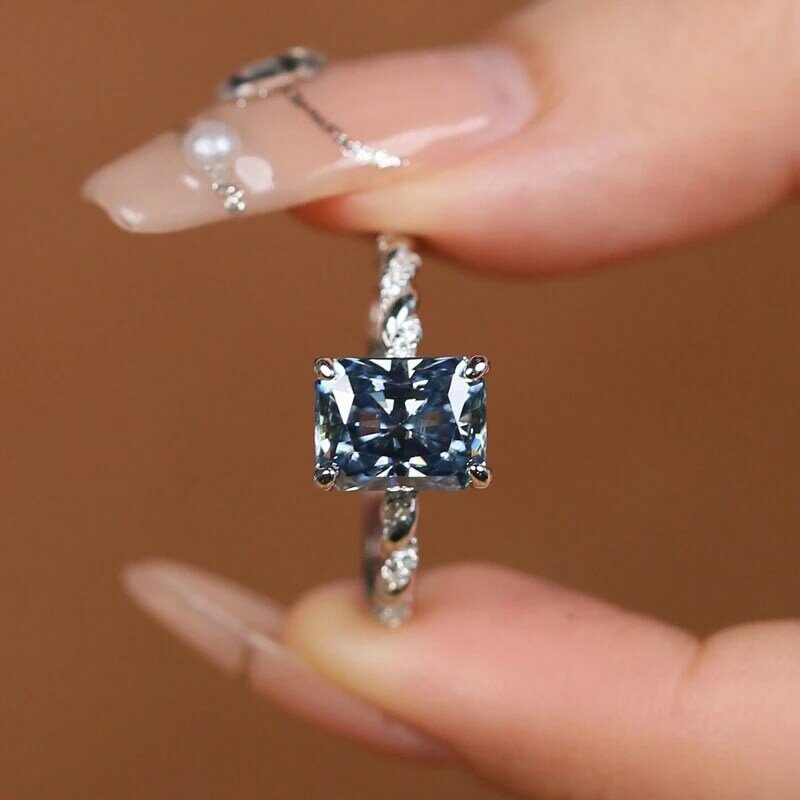 Anel de prata esterlina s925 para mulheres anel moissanite de 3 carates, cor original anel de luxo azul para noivado e casamento, alta qualidade