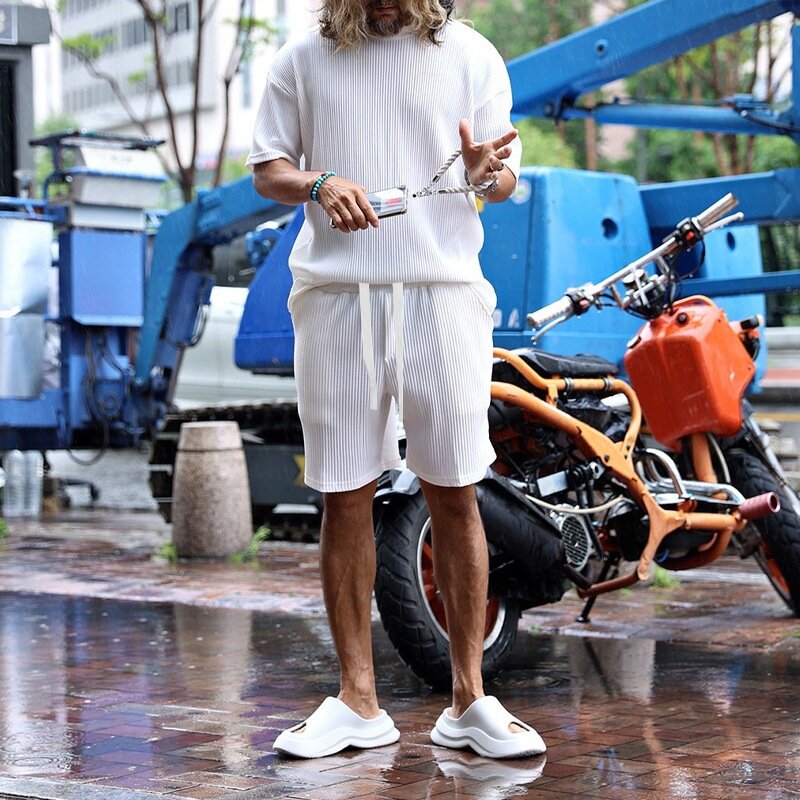 Summer High Quality Men's Clothing Japanese And Korean Style Loose Large Size Cool Casual Short Sleeve Shorts Two-piece Set