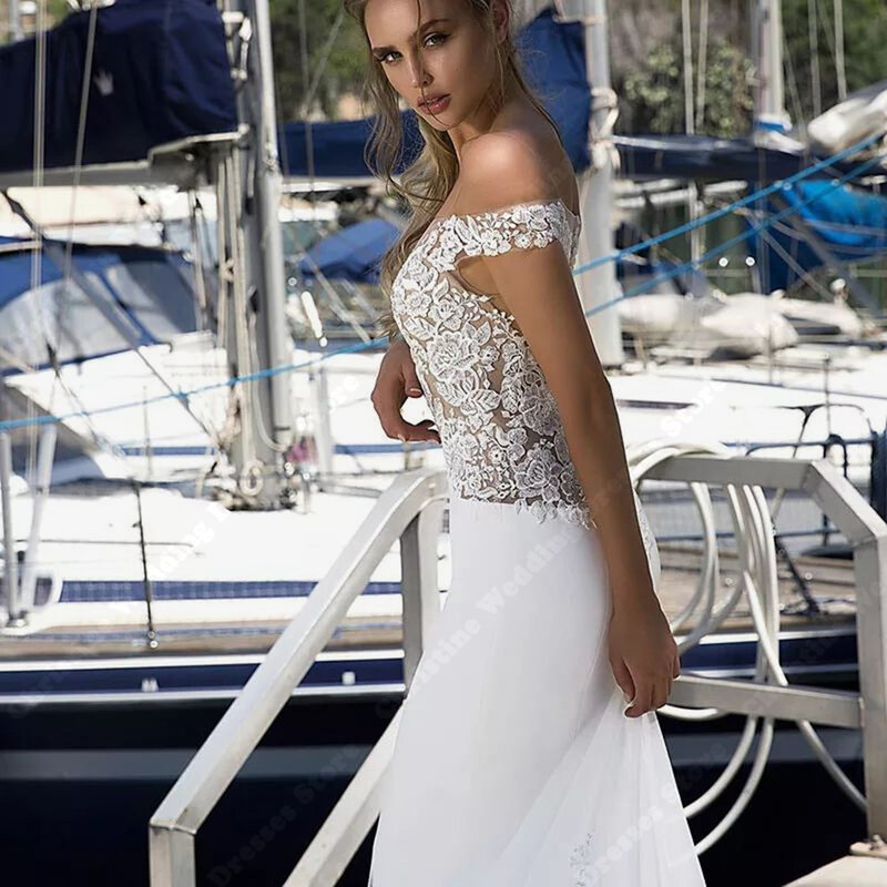 Boho panna młoda syrena tiulowa suknia ślubna letnia koronkowa aplikacja szlafrok na plażę pośladki długie suknie nowa długość mopowania Vestido De Novia