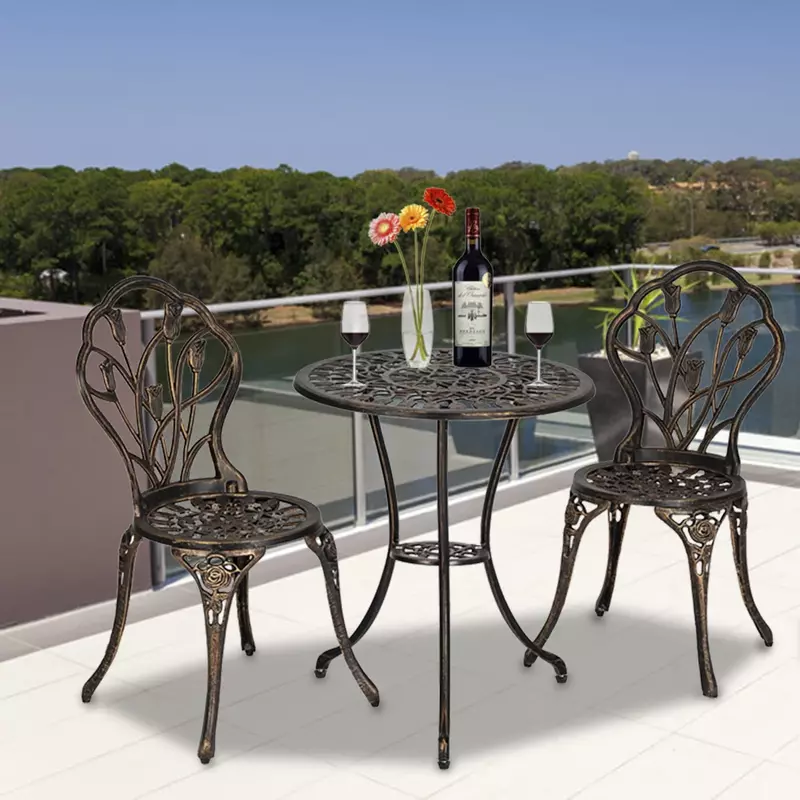 Conjunto de muebles d exterior de aluminio fundido, mesa y sillas de estilo europeo, tulipán Bistro, bronce, 60x60x60 cm