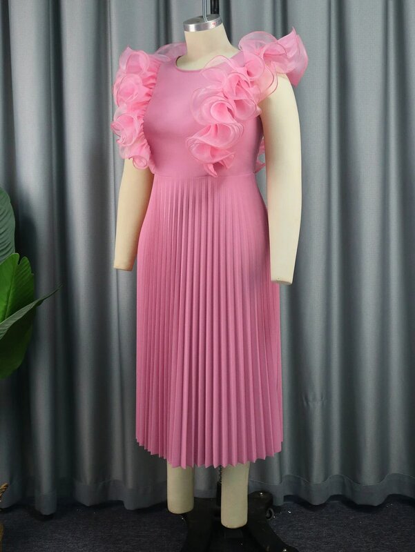 Invonta gaun berlipat merah muda wanita ukuran besar 3XL 4XL kerut tanpa lengan pinggang tinggi garis A kasual pesta malam gaun ulang tahun