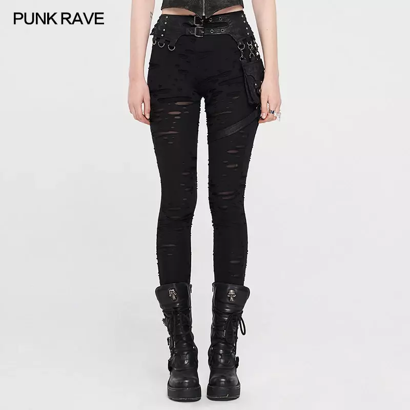 Punk rave pochete destacável para mulheres, cinta punk preta punk com buracos quebrados, legging steampunk na moda, calças de cintura alta