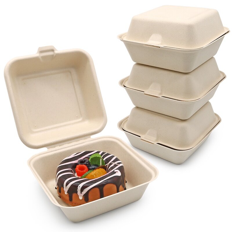 صندوق برجر ورقي للاستعمال مرة واحدة ، مناسب للوجبات الجاهزة حاوية طعام قصب السكر ، منتج مخصص ، 6 × 6 8 × 8 بوصة