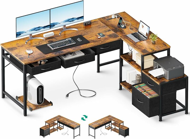 L Shaped Computer Desk, tecido gavetas e armário de arquivo, 61 "reversível Home Office Workstation Desk com Power Outlets & Ho