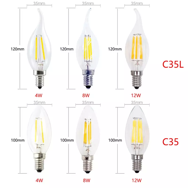 Bombilla Edison Vintage para lámpara de araña, luz de filamento LED E14, 220V, 240V, 6W, 18W, C35/C35L, blanco frío/cálido, 1-10X