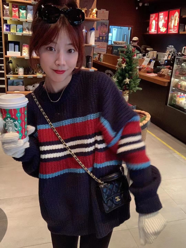 Striped raccoon fleece pullover sweater female 2023 o neck with knitted sweater for women long sleeve winter and winter sweater