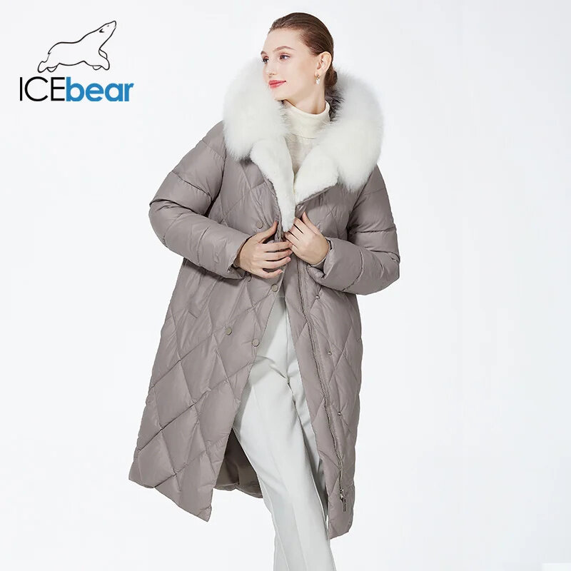 معطف نسائي من ICEbear لعام 2023 مصنوع من الفرو جاكيت طويل فاخر للنساء مزود بحزام دافئ مبطن ضد الرياح معطف باركاس GWD3925I
