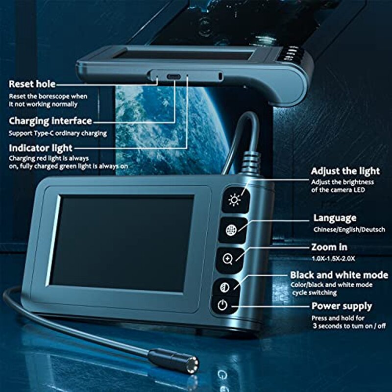 산업용 내시경 보어스코프 카메라, HD 디지털 스네이크 카메라, 4.3 인치 LCD 스크린, 33FT 케이블