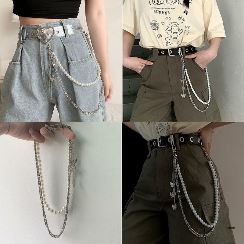 Женские трехслойные уличные металлические брюки с ложным жемчугом и цепочкой для ключей для чая