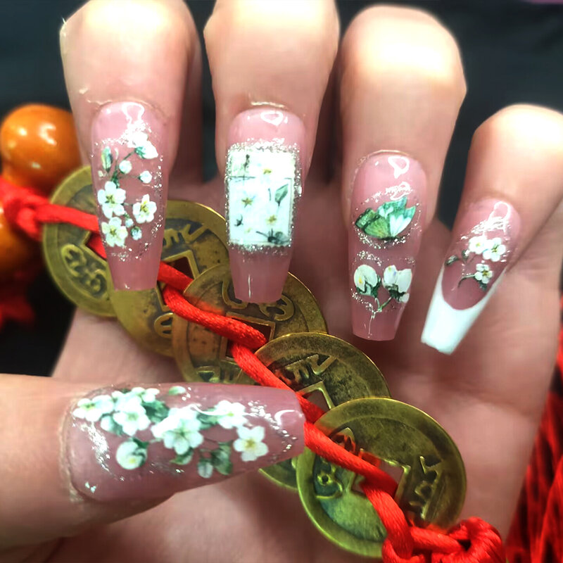 Женские Розовые наклейки, нажимные ногти с ручным рисунком в китайском стиле, классический аромат жасмина, индивидуальные и многоразовые патчи