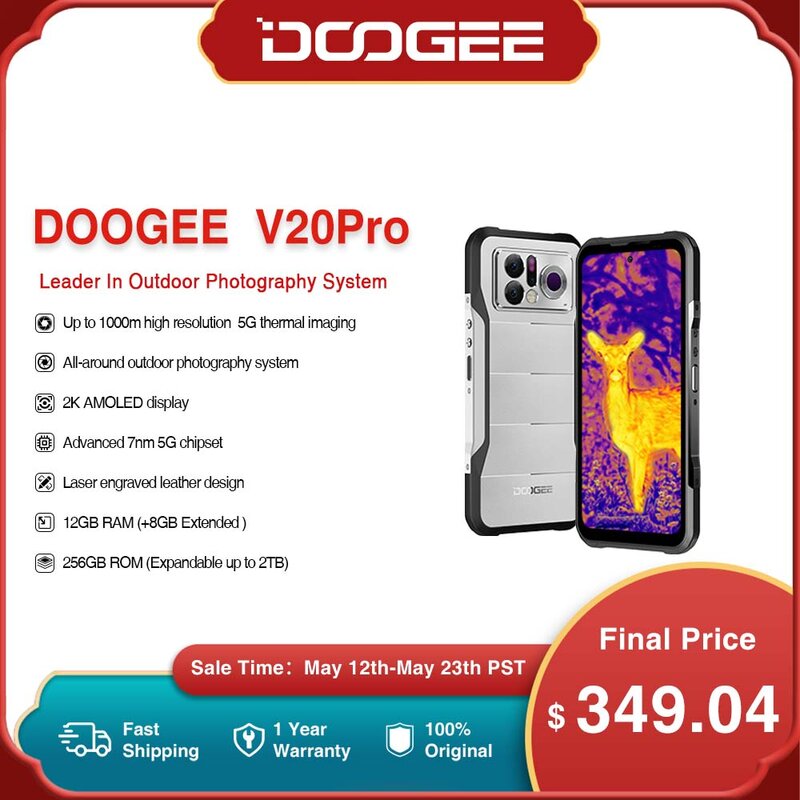 Światowa premiera DOOGEE V20 Pro wytrzymały telefon 12GB + 256GB 6.43 ”2K wyświetlacz AMOLED 1440*1080 7nm 5G telefon termowizyjny telefon komórkowy