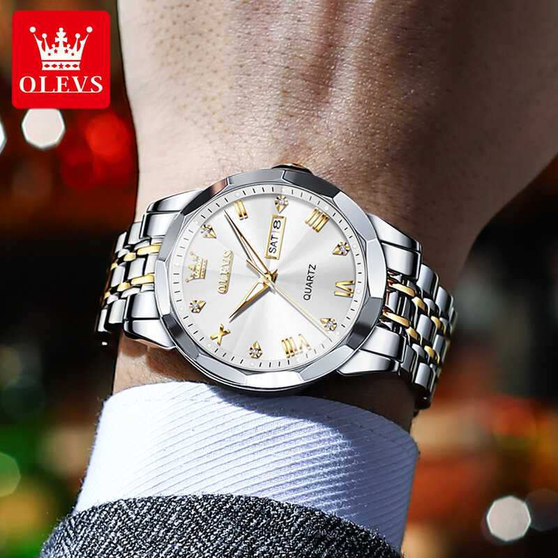 OLEVS-reloj de cuarzo deportivo para hombre, cronógrafo de lujo, informal, resistente al agua, con fecha luminosa, de acero inoxidable