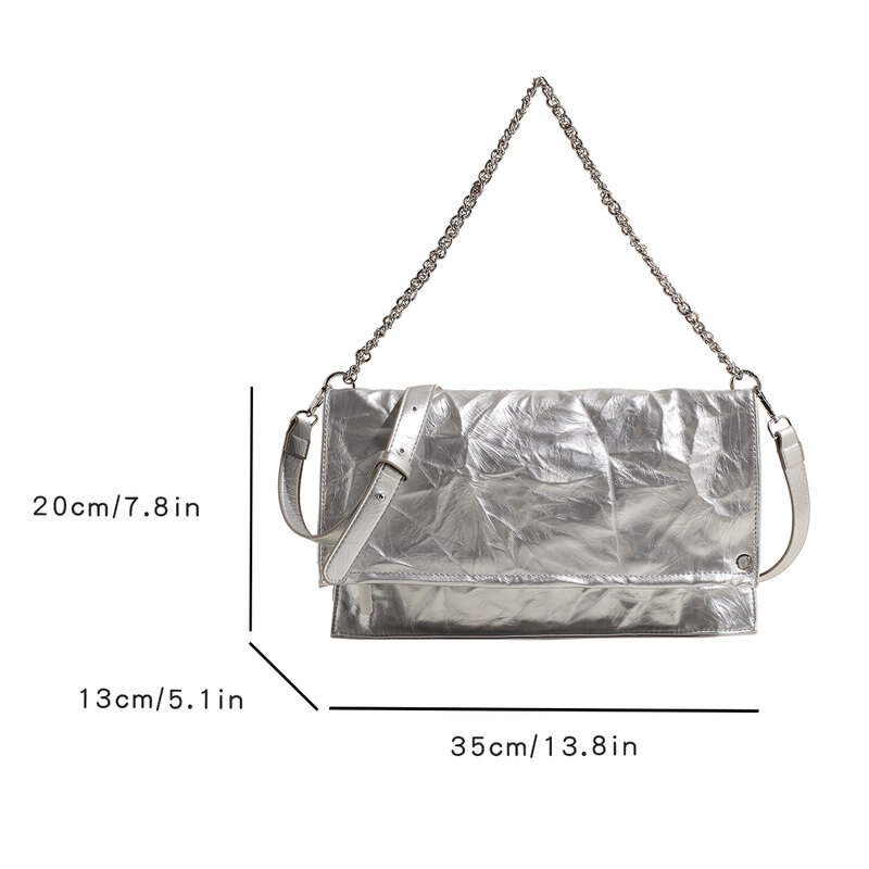 حقيبة كتف من الفضة بتصميم هندسي للنساء ، حقيبة يد تحت الإبط ، محفظة ، جلد ناعم ، طيات ، حقائب كروس بودي ، سلسلة ، موضة جديدة ،