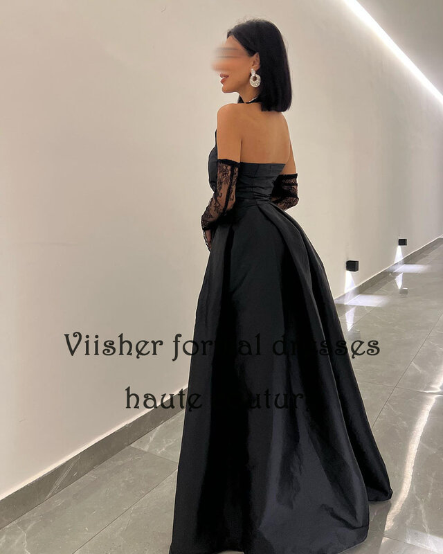Schwarzes Satin halfter eine Linie Ballkleider V-Ausschnitt ärmellose arabische Dubai Abend party Kleid rücken freie boden lange formelle Kleider