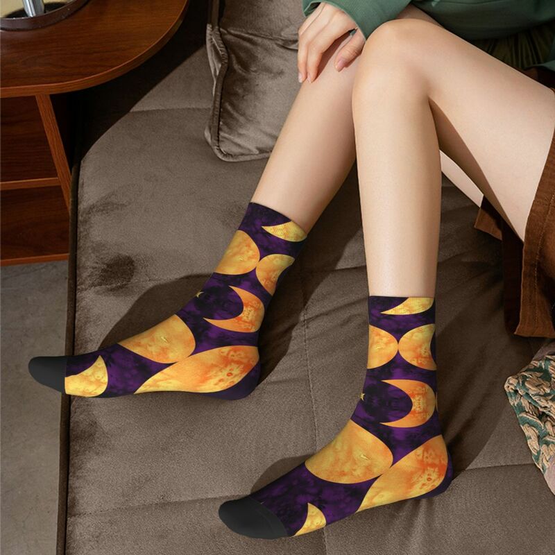 Triple Moon Gold On Purple Socks Harajuku High Quality Stockings All Season Long Socks Accessories for Unisex Gifts