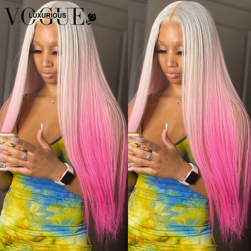Pelucas de cabello humano liso sin pegamento, pelo Remy brasileño, platino, HD, línea de pelo Natural, color rosa degradado