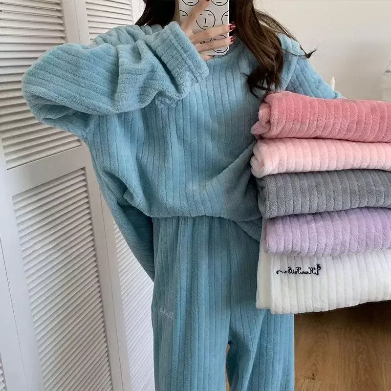 Fato de pijama de flanela feminino manga longa pijamas de desenho animado, roupa caseira feminina, conjuntos quentes de duas peças, terno grosso de pijama novo