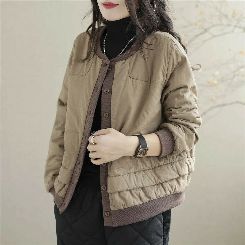 Casaco leve acolchoado feminino, jaqueta de algodão quente, estilo coreano, tops femininos casuais soltos, roupas de outono e inverno, moda