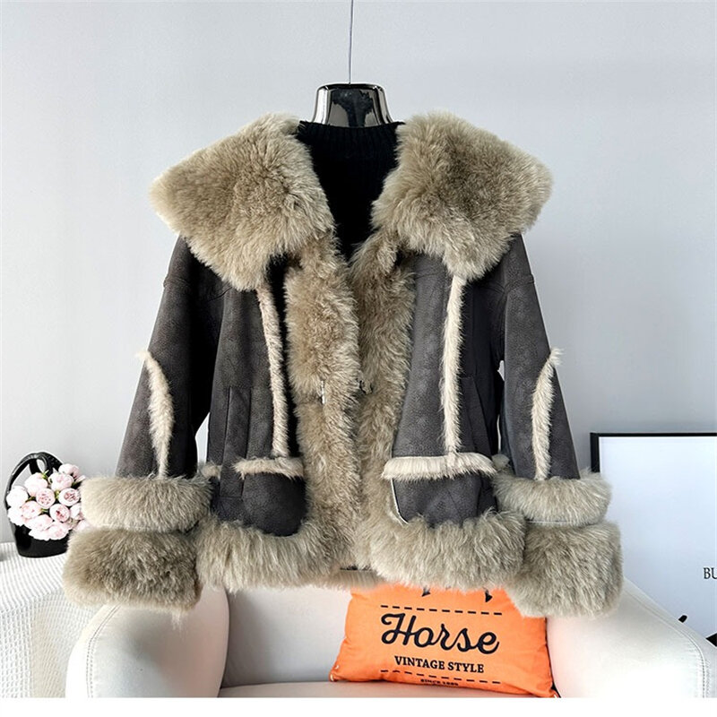 Abrigo corto de lana de cordero para mujer, chaqueta cálida con pelo de conejo, cuello de lana auténtica, JT445, novedad de invierno, 2023