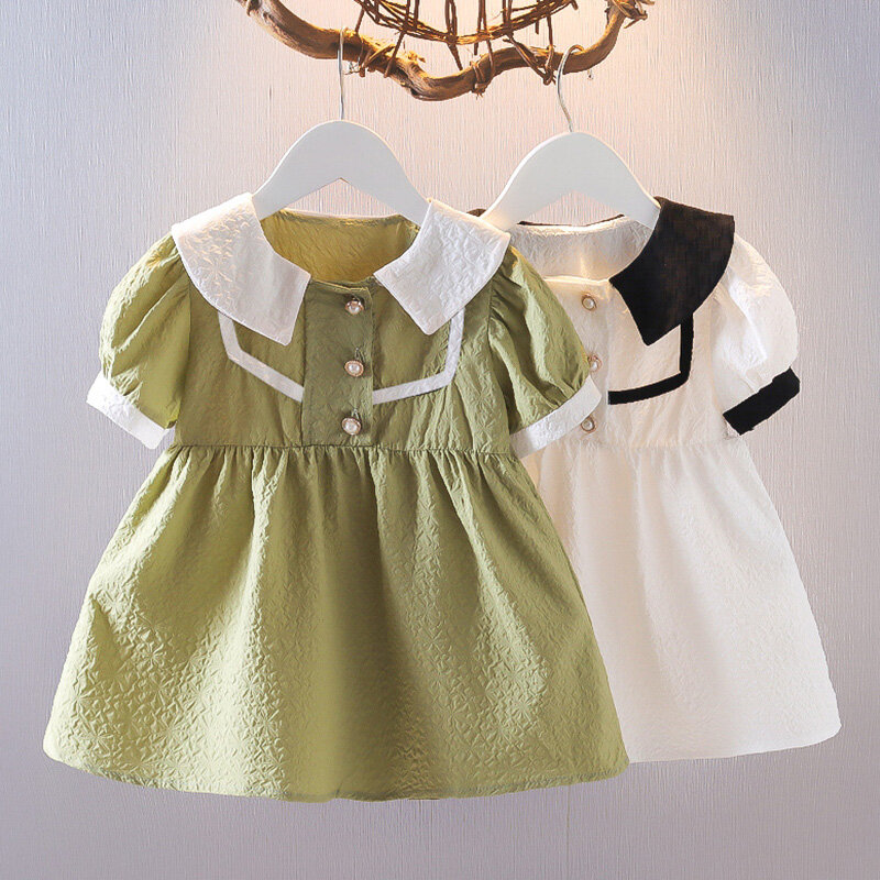 Children's Girl Bubble Sleeve Bow Decoration Dress Short-sleeved Temperament Dress Korean Version Knee-Length Dress