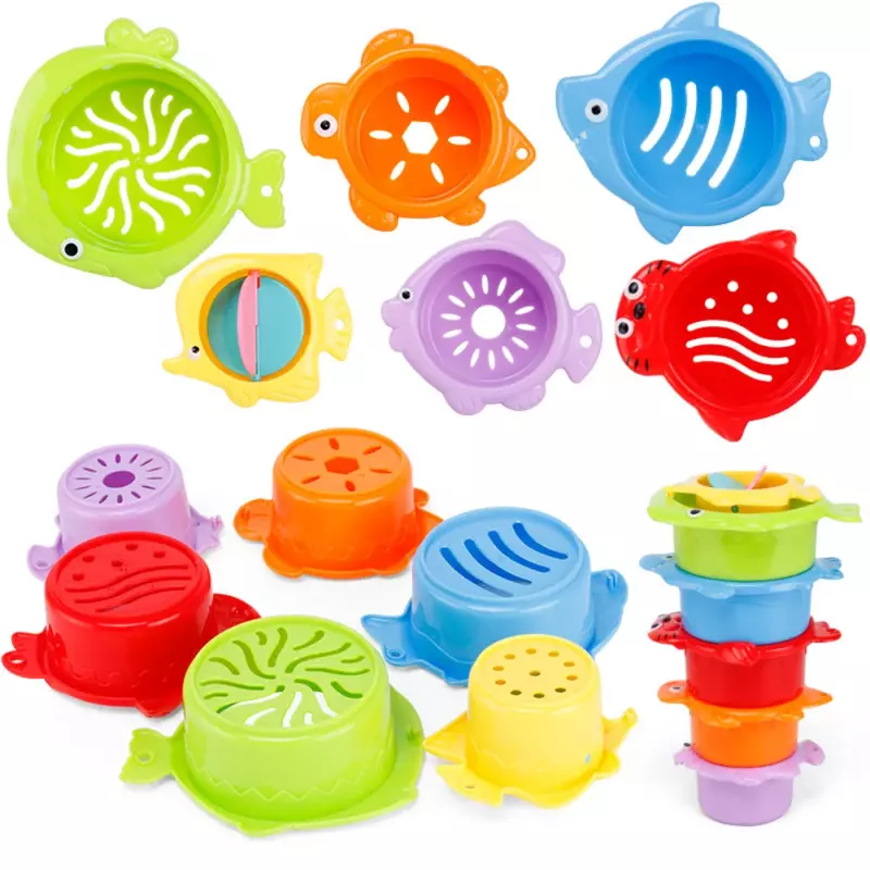 6Pcs Baby Bath Toy Stacking Cup Toddler Toys Ocean Stacking Tower Bathtub Water Play Beach Toys Educational Toy Children Gifts