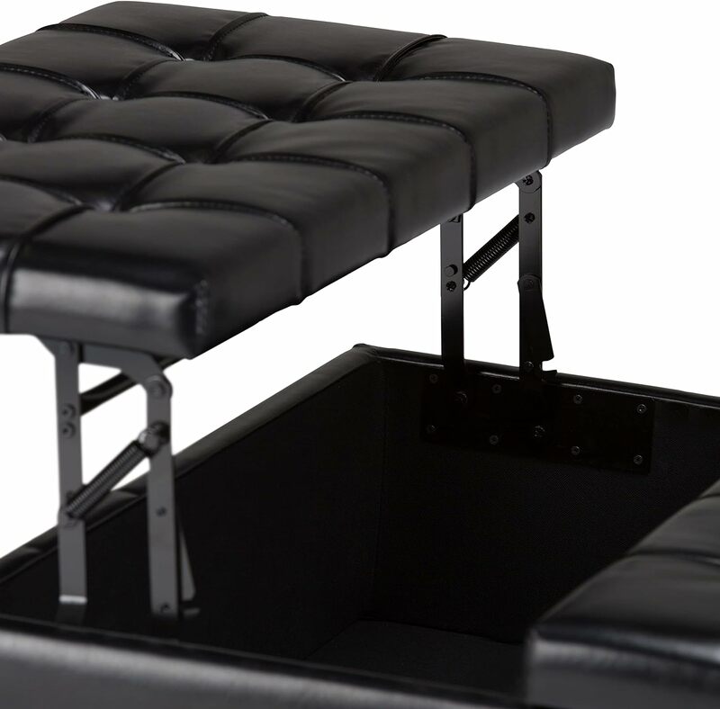 Mesa de centro cuadrada de 36 pulgadas de ancho, taburete de almacenamiento superior, tapizado de piel sintética negra de medianoche para sala de estar