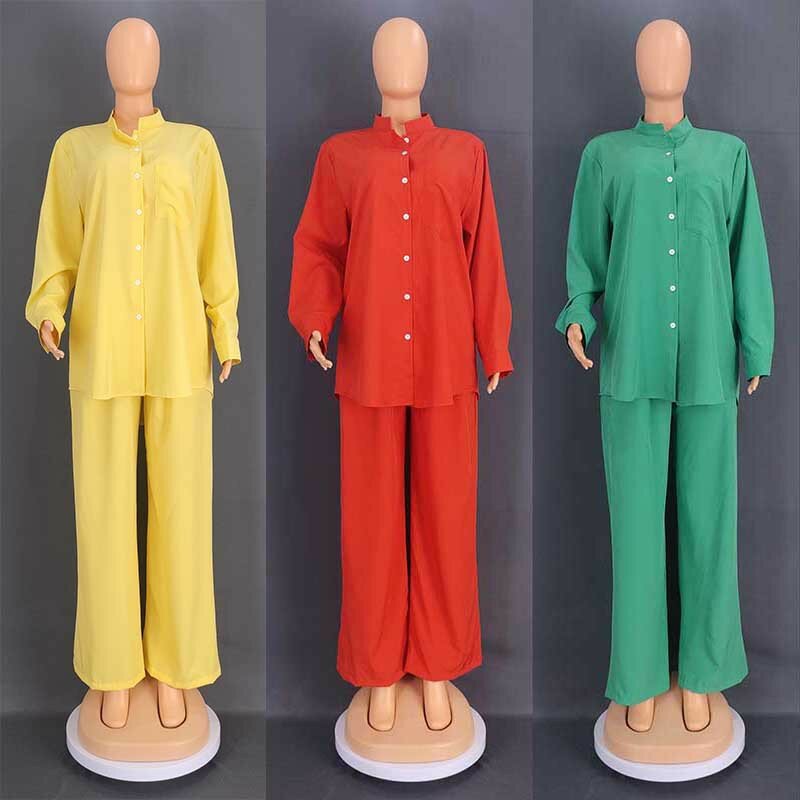 L-3XL แอฟริกันเสื้อผ้าผู้หญิงฤดูใบไม้ผลิฤดูใบไม้ร่วงแอฟริกันแขนยาวโพลีเอสเตอร์สีเขียวสีเหลืองสีแดง2ชิ้นชุด Top และกางเกง