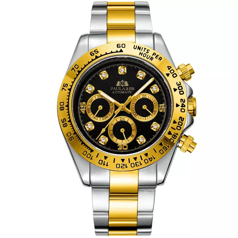 Automatic Watches Self Wind Mechanical Gold Black Stainless Steel Diamonds Stone Fashion Sports Luxury Men Watch
