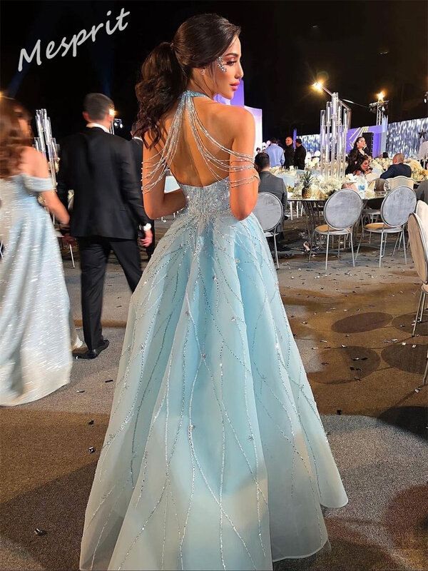Jiayigong  Organza Draped Pleat Sequined Beach A-line High Collar Bespoke Occasion Gown Long Dresses Saudi Arabia