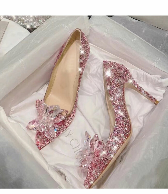 Luksusowe błyszczące damskie buty na wysokim obcasie Rhinestone Sexy moda pompy wskazał na cienkim obcasie eleganckie romantyczne buty ślubne damskie