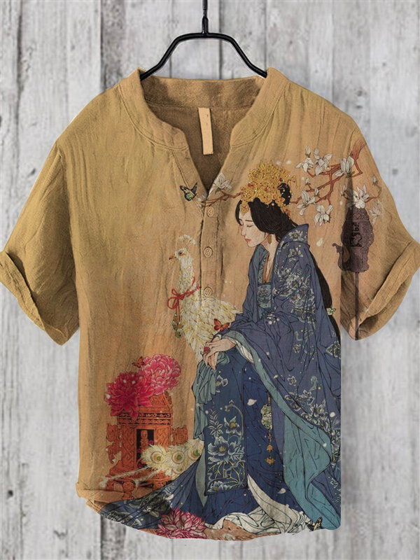 Kaus lengan pendek leher-v gaya jamur emas, Atasan kemeja linen bambu longgar kasual mode perdagangan luar negeri