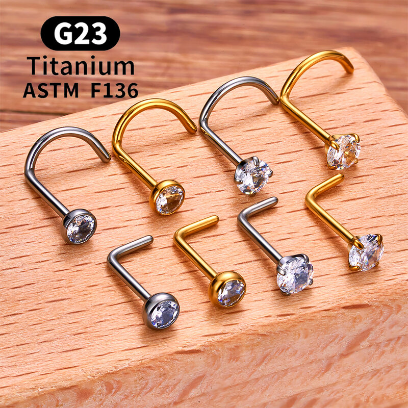ترصيع ناريز على شكل حرف L مع حلقات أنف الزركون ، مجوهرات ثقب الأنف ، ASTM F136 ، G23 ، 2-3 ، 20 جم ، 1: 10