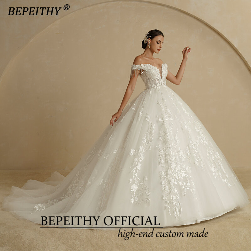BEPEITHY Sexy Off Shoulder Sleeveless Flore Princess Wedding Gown 2022 For Women Cheap Online Ivory V Neck Lace Bridal Dresses