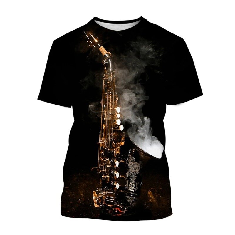 Camiseta de rua manga curta com estampa saxofone masculina, estilo hip-hop, gola redonda, blusa verão, nova tendência
