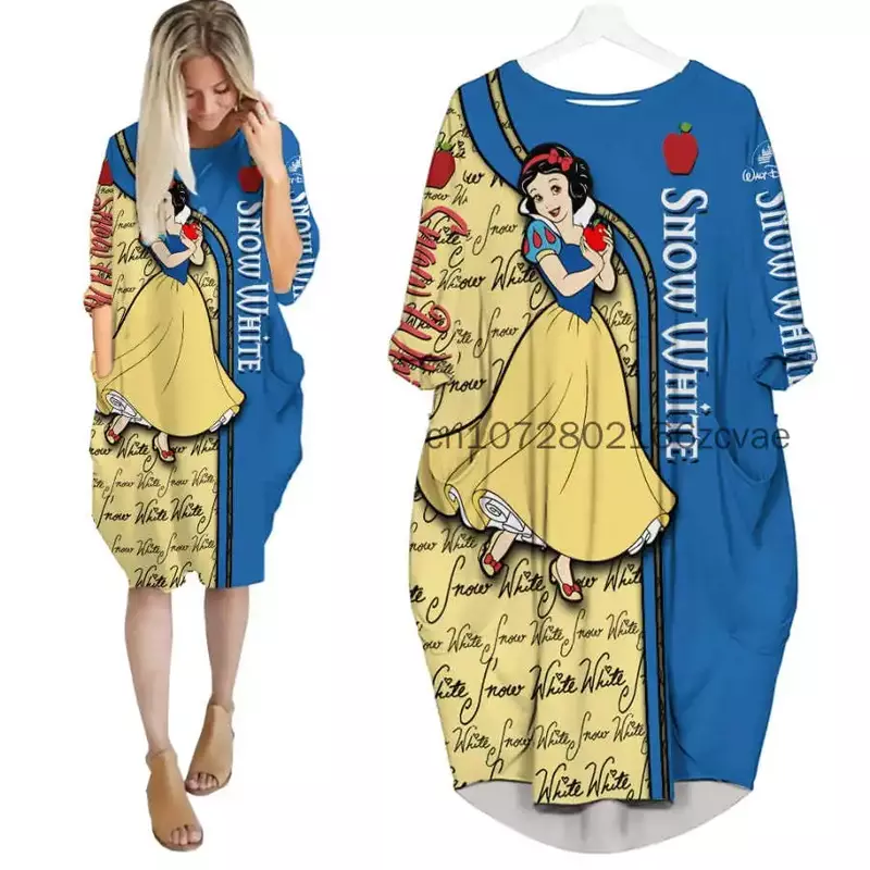 The Little Mermaid Ariel Oversize Long Sleeves Dress Disney Cartoon Batwing Pocket Dress Women's Fashion Versatile Loose Dress