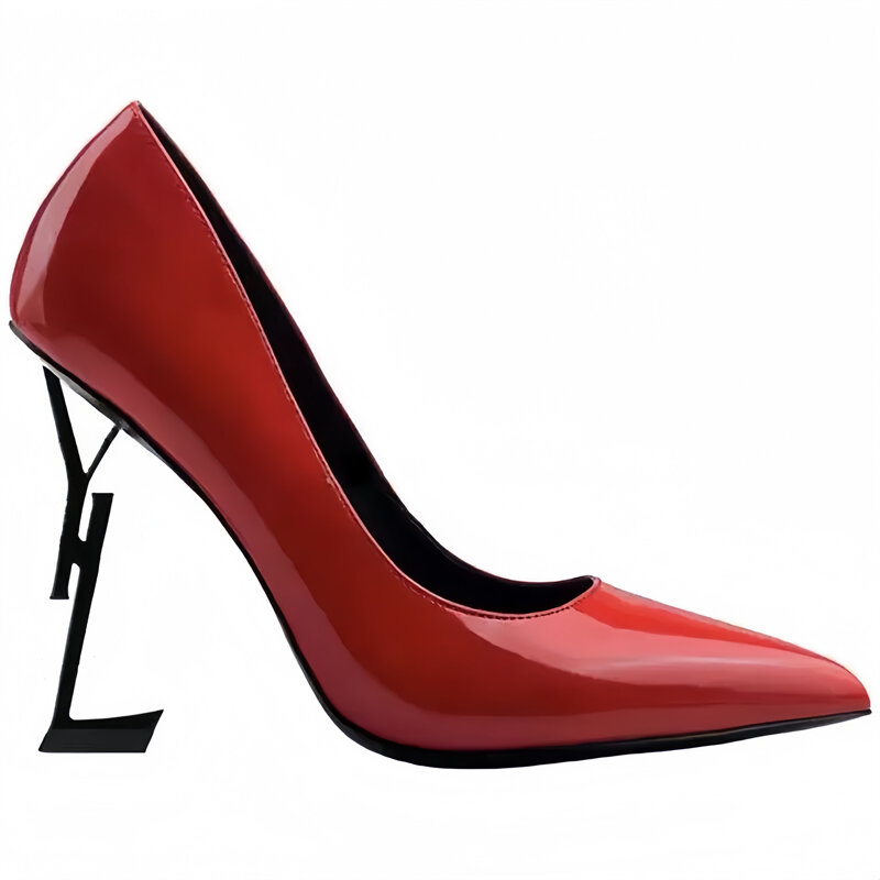 Zapatos de tacón alto con hebilla de letra para mujer, charol de lujo, con caja, diseñador de moda