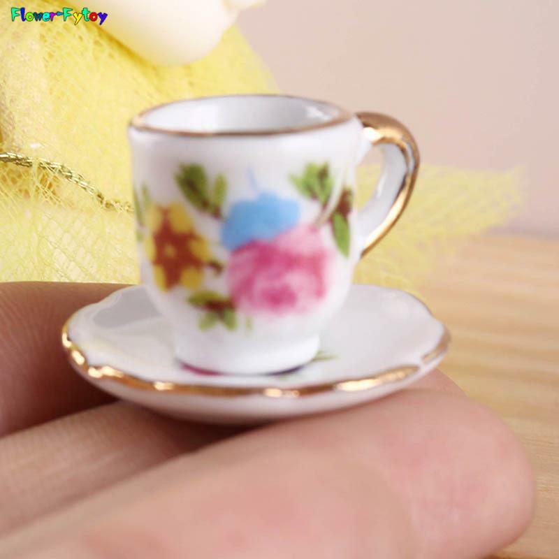ชุดกาน้ำชาเซรามิกขนาดเล็กอุปกรณ์เสริมสำหรับบ้านตุ๊กตา1ชุด1/12ชุดกาน้ำชาจำลองถ้วยปากกว้างโมเดลของเล่นของตกแต่งบ้านตุ๊กตา