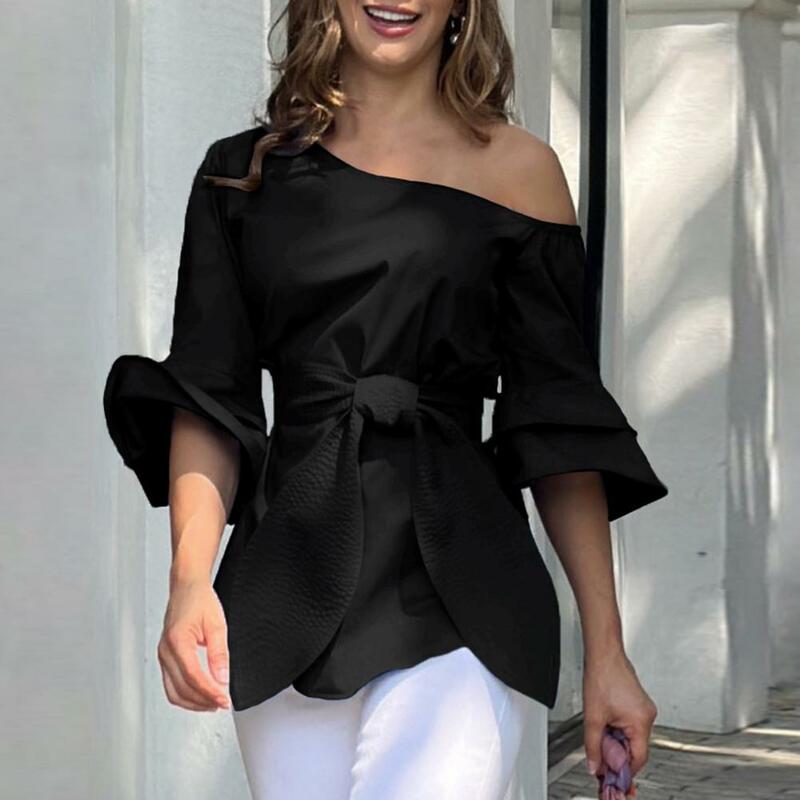 Waist Tight Tops Elegant Lace-up Waist Women's Summer Blouse with Skew Collar Flared Half Sleeve Stylish Solid for Streetwear