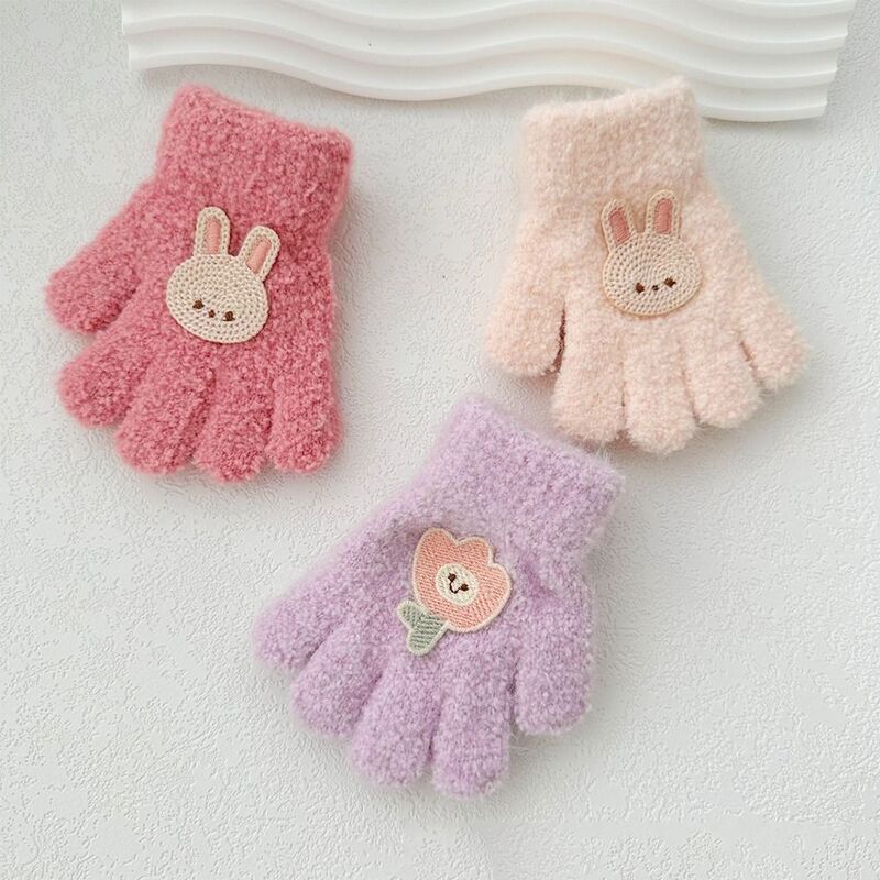 토끼 아기 솜털 장갑, 두꺼운 한국 스타일 꽃 니트 장갑, 단색 풀 핑거 만화 패턴 장갑, 어린이