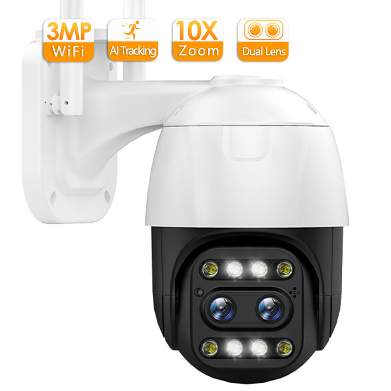 Nuova telecamera IP da 3mp telecamera CCTV di sicurezza WiFi visione notturna a colori a doppio obiettivo Zoom ottico 10x monitoraggio IP66 sorveglianza esterna