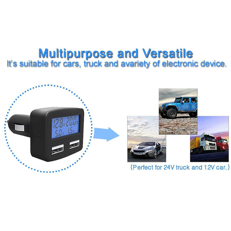 Caricabatteria da auto, temperatura di visualizzazione nel veicolo, tensione della batteria automobilistica e corrente di tensione di ricarica istantanea, doppio adattatore USB