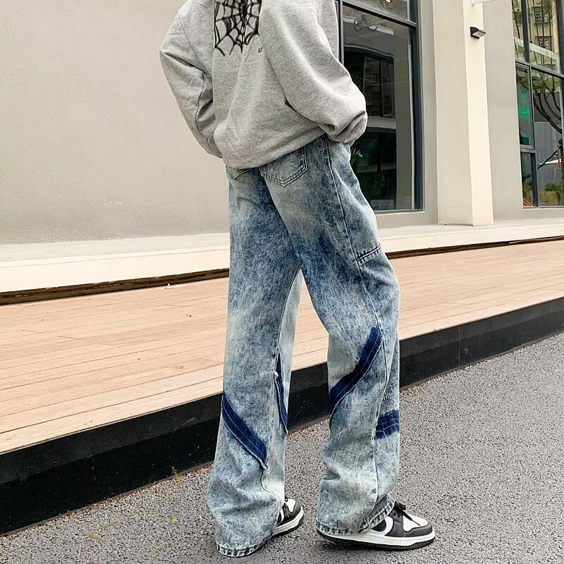 2023 Cyber Y2K Fashion Old Baggy Stacked Jeans Pants For Men Clothing Washed Blue Straight Luxury Denim Trousers Pantalon Homme
